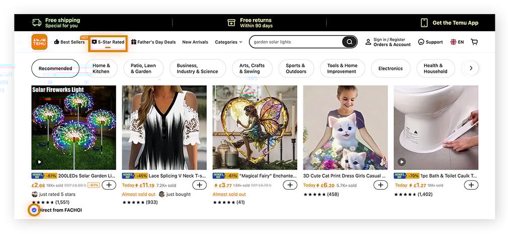 Temu.com 五颗星评价页面,强调认证卖家标记。